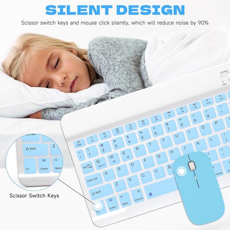 GOGARA Bluetooth Keyboard and Mouse Combo, Qwert Layout Universal Ultra-Slim Wireless Keyboard Mouse Set for Android Windows iPad iPhone Samsung Tablet Portable Compact Keyboard Set, Light Blue - Image 2